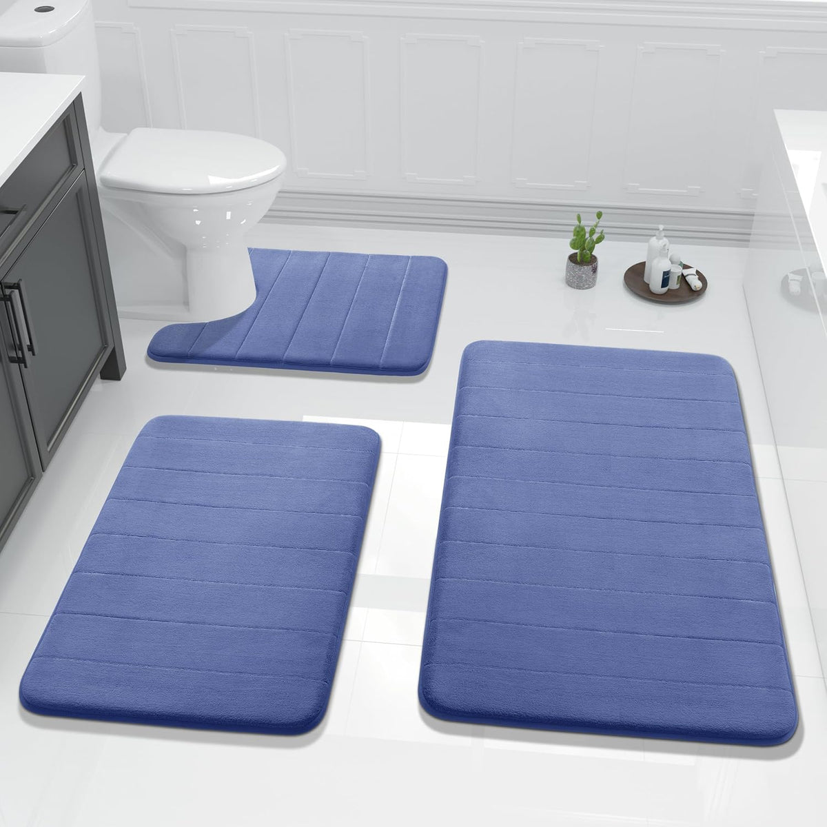 Memory Foam Bath Mat Set – Ultra-Soft & Thick Non-Slip Bathroom Rugs – Quick-Drying Machine-Washable Polyester Mats Including U-Shaped Toilet Rug and Extra-Long Runner