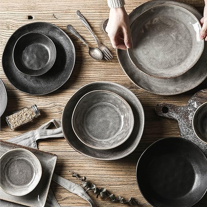 Retro Japanese Style Special-Shaped Ceramic Tableware – Elegant Handmade Aesthetic Dinner Plates & Serving Bowls – High-End Creative Dinnerware for Steak, Salad & Pasta – Unique Table Decor (5"/6.5"/8"/8.5" Bowls, 10" Disk, 11" Plate)