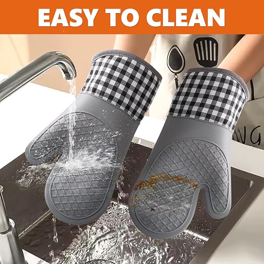 Pair of Silicone Oven Mitts – Heat Resistant Non-Slip Cooking Gloves with Soft Cotton Lining