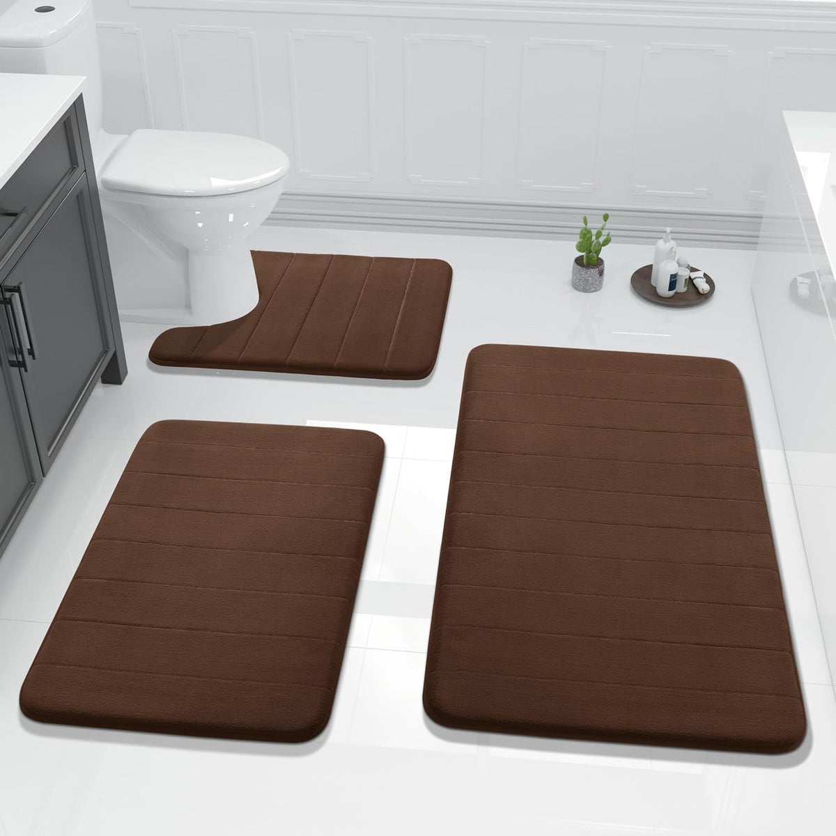 Memory Foam Bath Mat Set – Ultra-Soft & Thick Non-Slip Bathroom Rugs – Quick-Drying Machine-Washable Polyester Mats Including U-Shaped Toilet Rug and Extra-Long Runner
