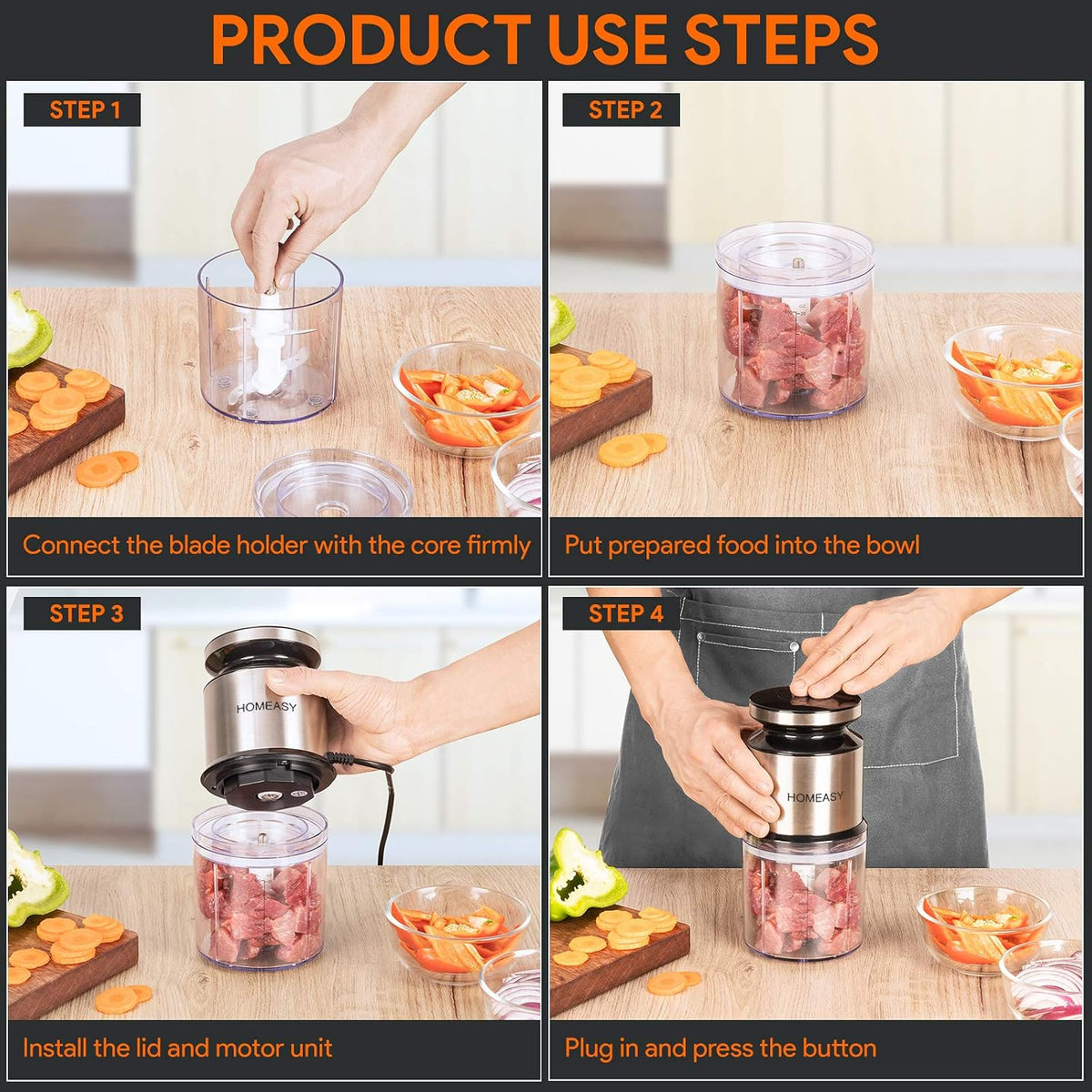 Homeasy 600ml Mini Electric Meat Grinder – 300W Stainless Steel Food Chopper with 4 Sharp Blades for Meat, Vegetables, Fruits, Nuts & Dips