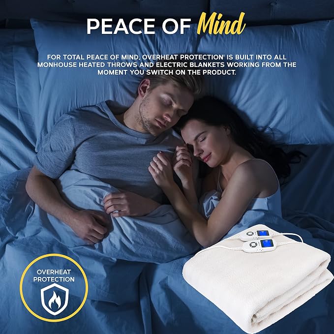 MONHOUSE King Electric Blanket 150 x 200 cm – Soft Fleece Heated Mattress Cover with Dual Controllers, 9 Heat Settings & Machine-Washable Design