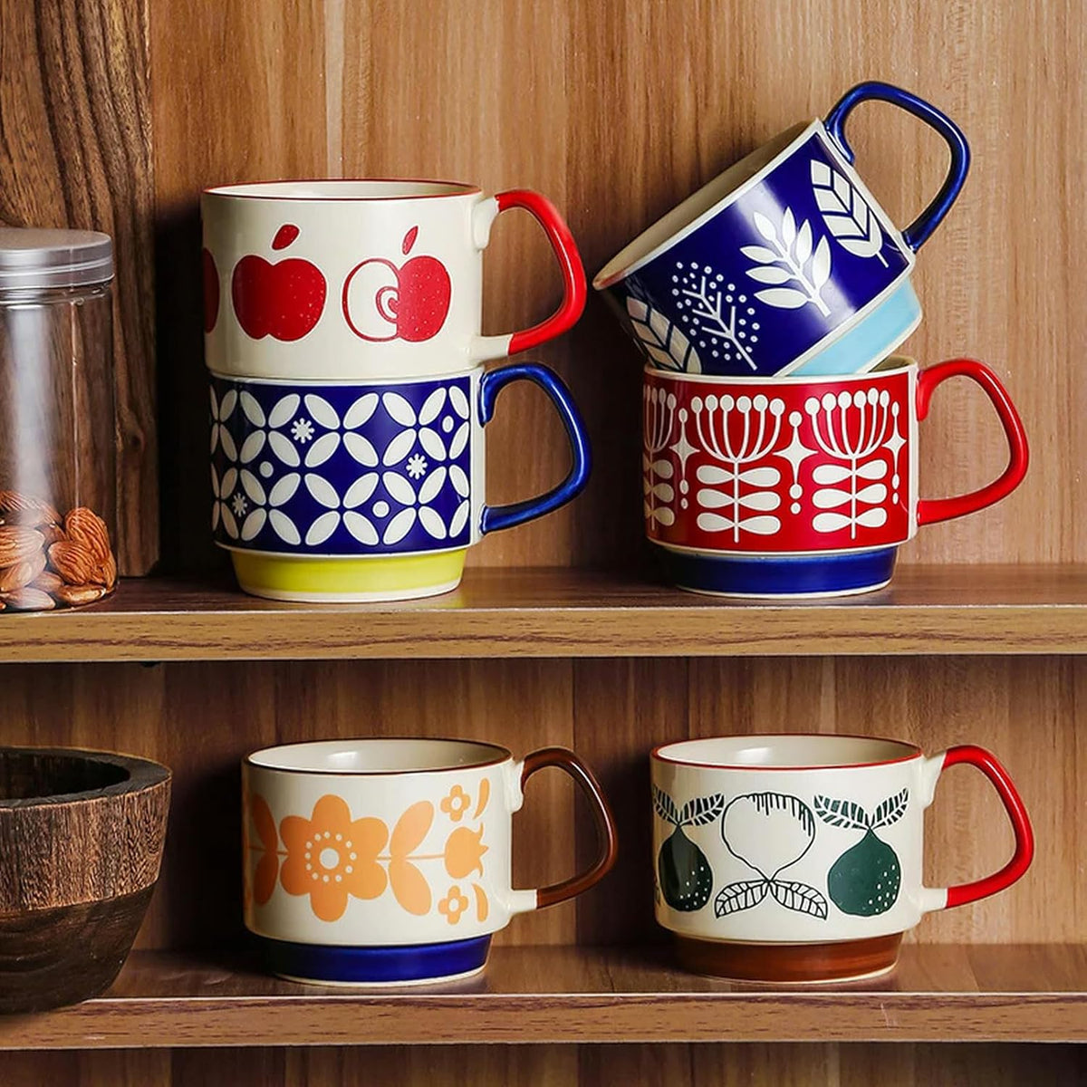 Lot de 2 tasses à café rétro japonaises fleuries de 300 ml – Tasses en céramique artisanales pour flocons d'avoine et lait – Tasses à eau de bureau au design floral vintage avec poignée ergonomique (300 ml)
