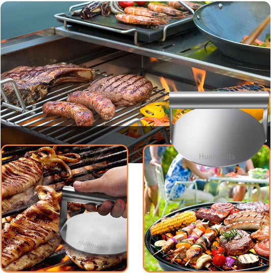 Stainless Steel Smash Burger Press – Heavy Duty Circular Hamburger Meat Masher and Grill Press