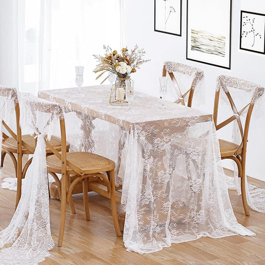 150CM*300CM Rustic White Lace Tablecloth – Vintage Embroidered Boho Wedding Decor – Floral Lace Table Overlay for Receptions, Valentine’s Day, and Shabby Chic Parties