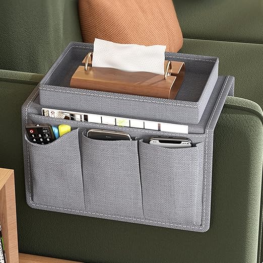 New Oxford Cloth Sofa Armrest Organizer – Multi-Pocket Storage Bag with Integrated Cup Tray – Cellphone, Remote, & Tissue Holder for Couch – Home Decor Accessory (Gray/White)