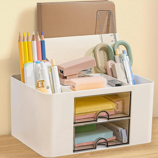 Multifunctional Desk Organizer with Drawers – Plastic Office & Makeup Storage Organizer with Pen Holder, 5 Compartments & 2 Drawers