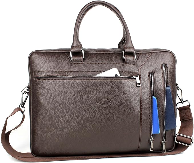 WESTPOLO Men’s Brown 15.6-Inch Leather Laptop Briefcase & Business Bag