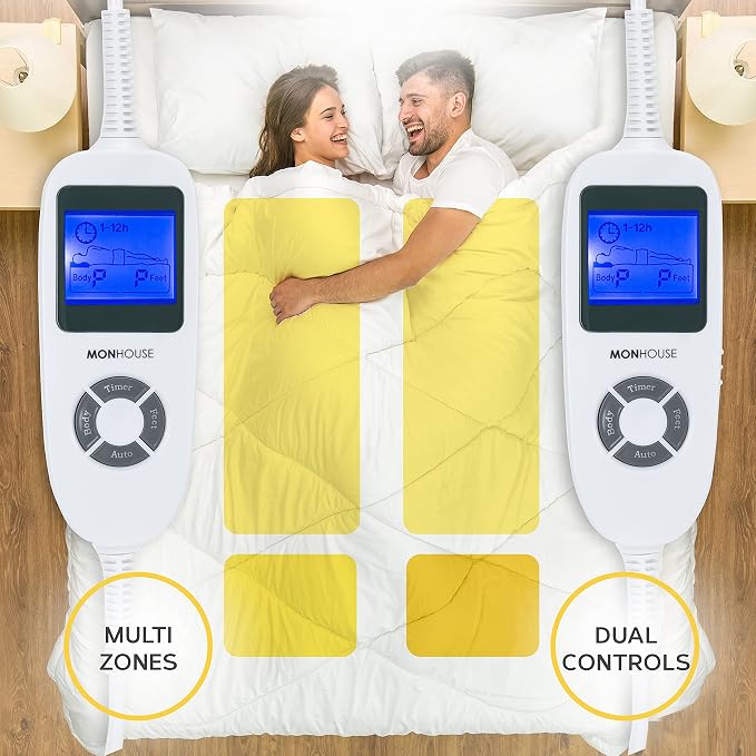 MONHOUSE King Electric Blanket 150 x 200 cm – Soft Fleece Heated Mattress Cover with Dual Controllers, 9 Heat Settings & Machine-Washable Design