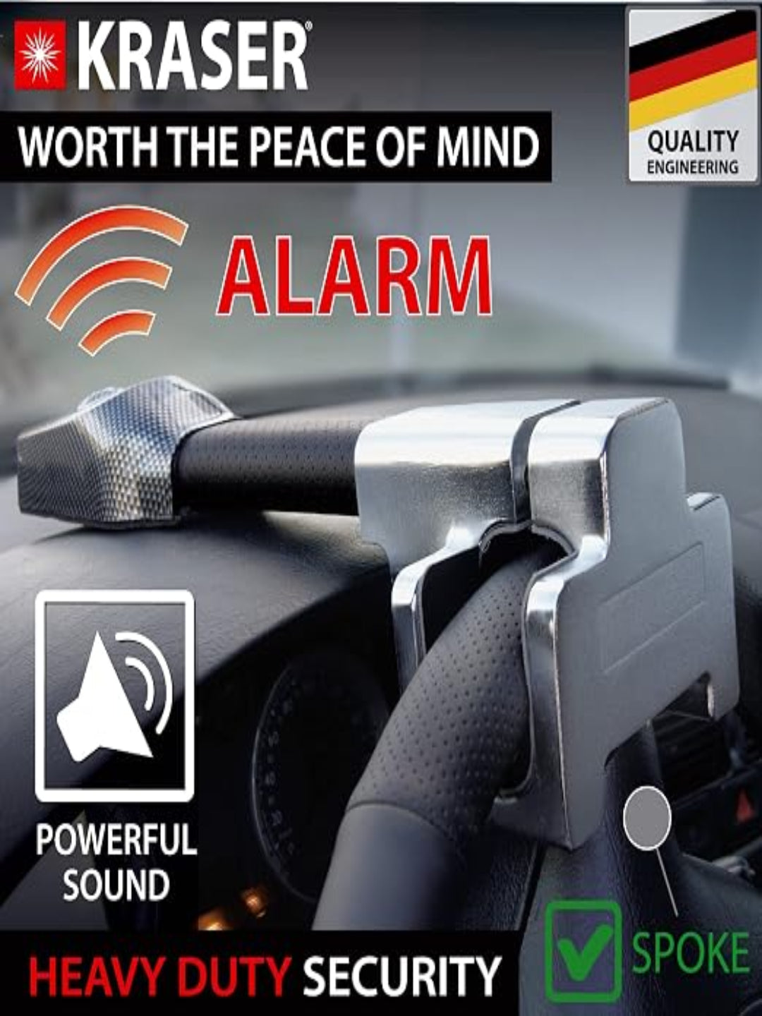 Heavy Duty Steering Wheel Lock with Alarm – Universal Car Anti-Theft Security Lock with 2 Keys