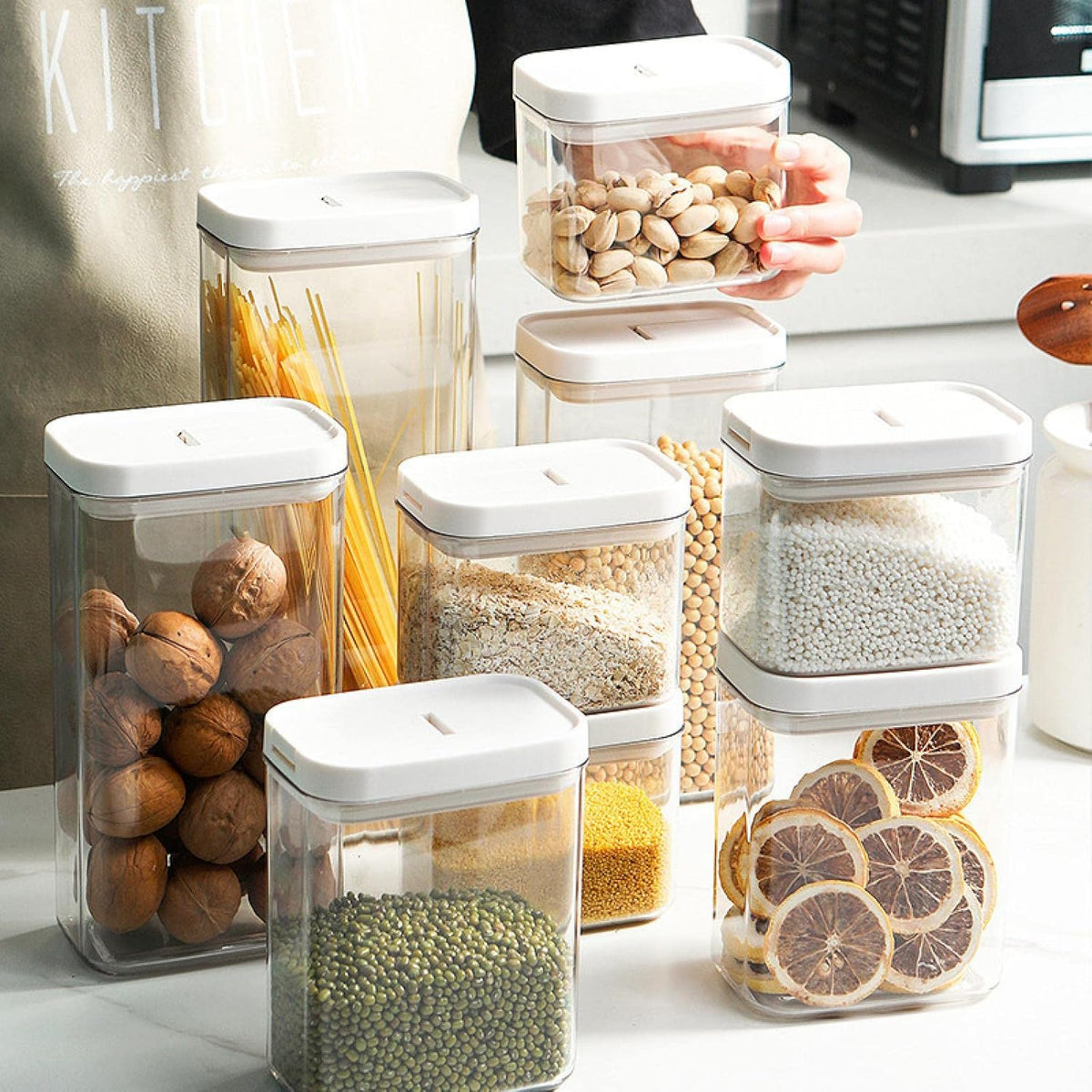 حاويات تخزين طعام محكمة الإغلاق | منظمات مطبخ بلاستيكية خالية من مادة BPA بأغطية قفل | برطمانات قابلة للتكديس ومقاومة للرطوبة لتخزين الحبوب والقهوة والسكر