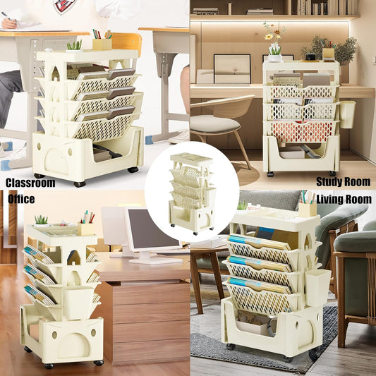 5-Tier Movable Book Shelf on Wheels – 360 degrees Rotatable Storage Bookcase – Creative DIY Book Display Stand for Home & Office (White/Khaki)