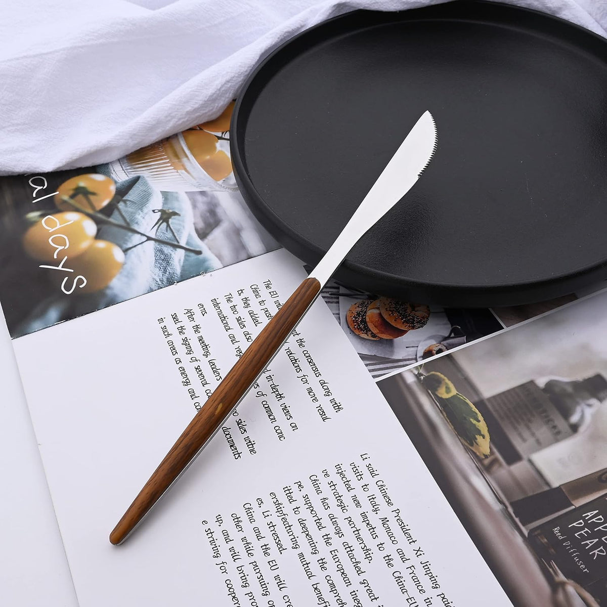 Stainless Steel Cutlery Set – Vintage Imitation Wood Handle – Professional Western Tableware Kit with Steak Knife, Fork, Spoon, and Teaspoon (Mirror Polished)
