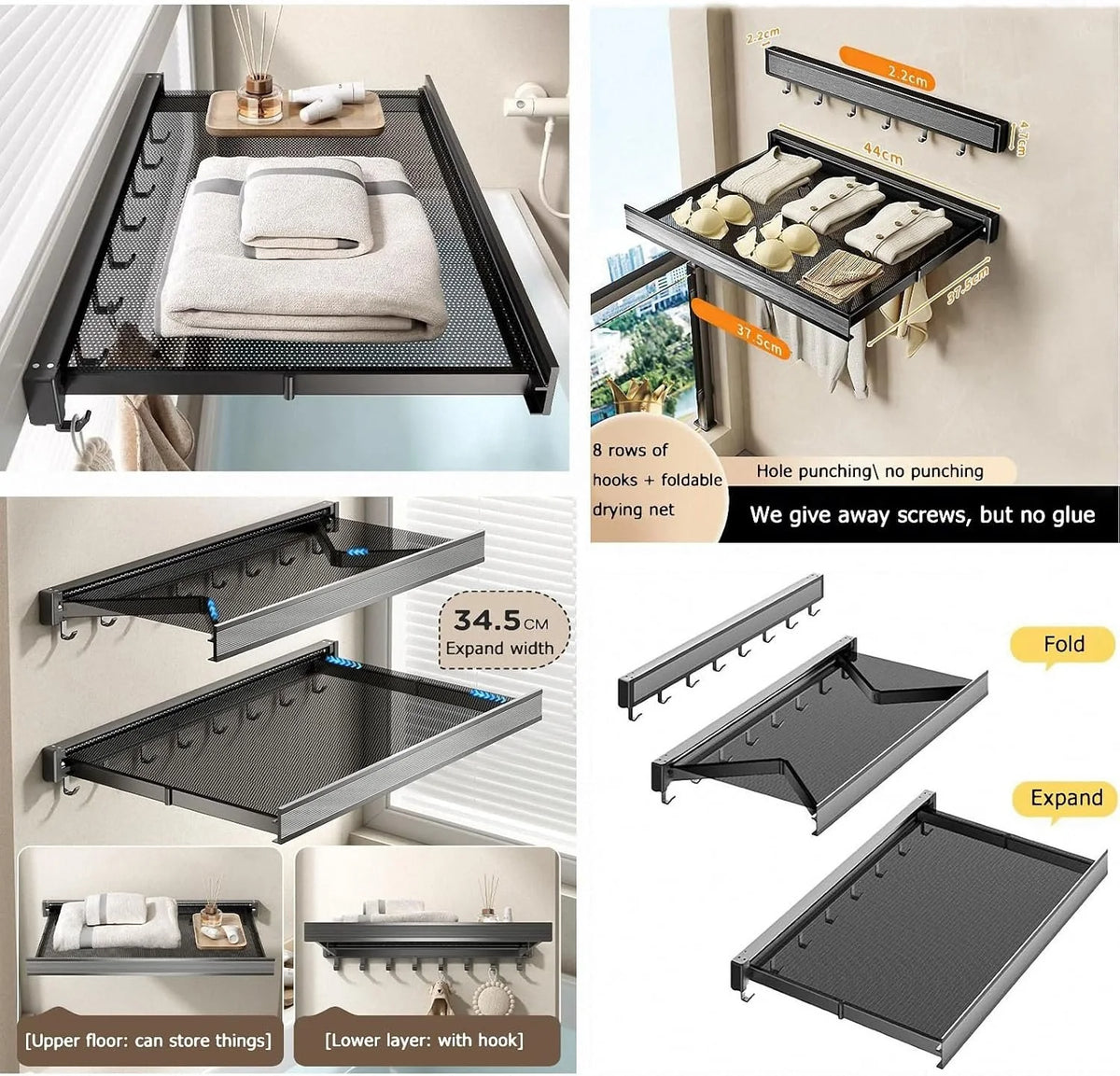 Séchoir à linge mural rétractable avec étagère en filet – Séchoir à linge pliable pour balcon, salle de bain et buanderie (60 cm)