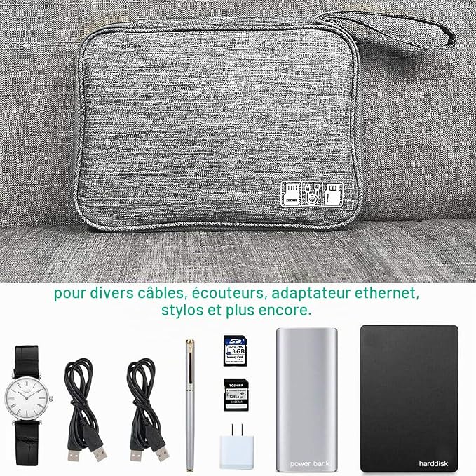 Travel Electronic Accessories Organizer Bag – Portable Cable Organizer Case for Chargers, USB Cables, Hard Drives, Power Bank & Gadgets (Grey)