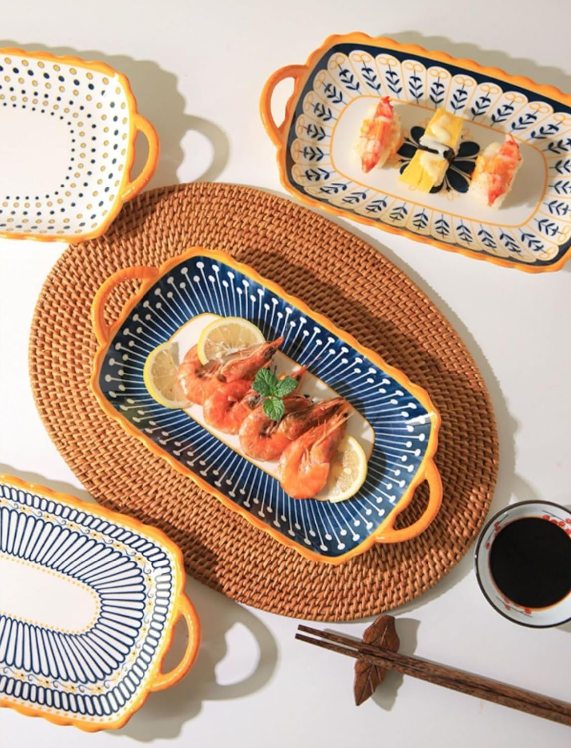Plat de service japonais en céramique binaural – Assiettes longues rectangulaires et carrées avec glaçure colorée – Plateau élégant pour poissons grillés, sushis et sashimis – Plat de cuisson polyvalent pour la maison et le restaurant