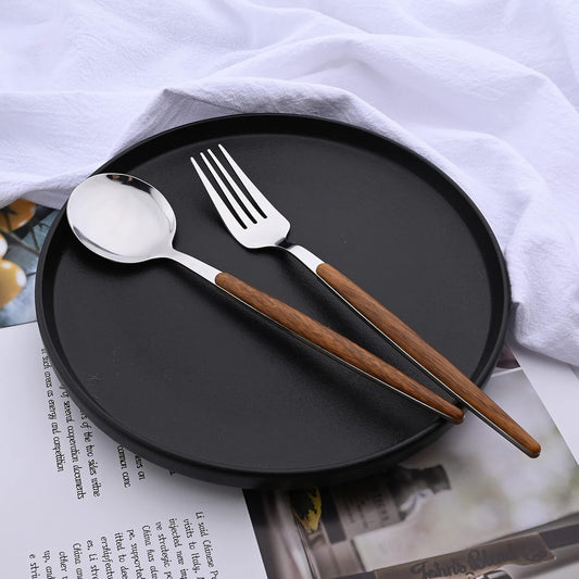 Stainless Steel Cutlery Set – Vintage Imitation Wood Handle – Professional Western Tableware Kit with Steak Knife, Fork, Spoon, and Teaspoon (Mirror Polished)