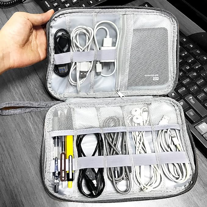 Trousse de voyage pour accessoires électroniques – Étui portable de rangement pour chargeurs, câbles USB, disques durs, batteries externes et gadgets (gris)