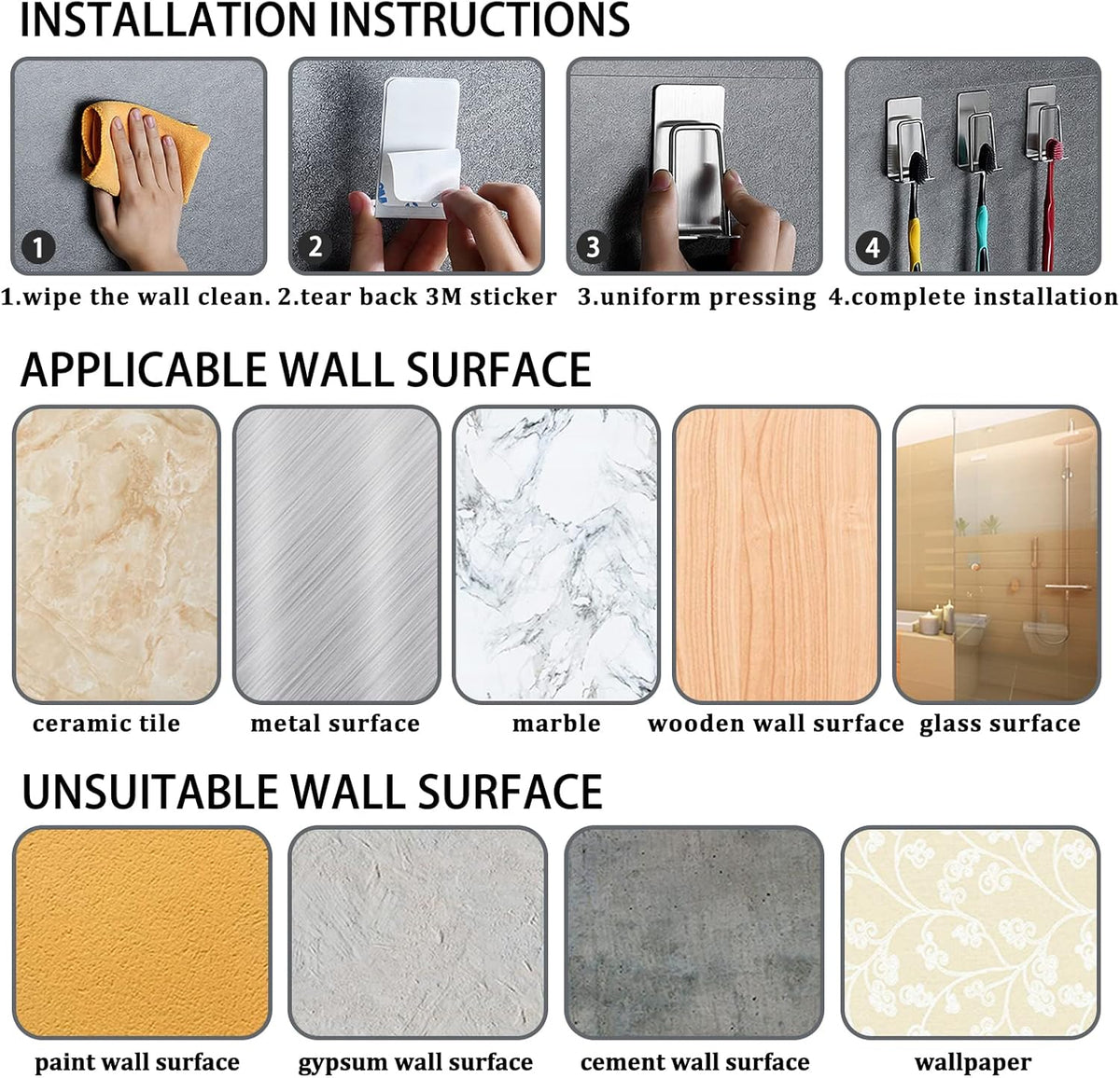Support mural pour brosses à dents et gobelets en acier inoxydable de qualité supérieure – Organisateur de salle de bain mural robuste sans perforation pour brosses à dents électriques et gobelets – Étagère peu encombrante et antirouille (argent/noir)