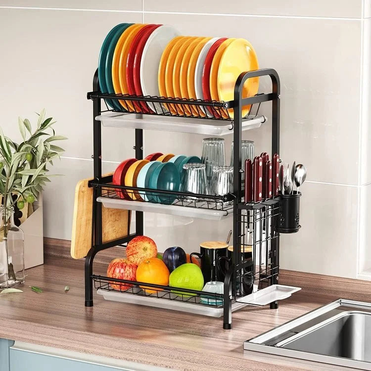 Arcanine Égouttoir à Vaisselle en Acier à 3 Niveaux avec Bac d'Égouttage – Grand Séchoir à Vaisselle de Cuisine avec Porte-Ustensiles, Porte-Tasses et Porte-Planche à Découper