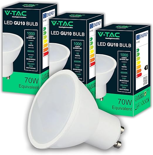 Ampoules LED GU10 V-TAC 10W (lot de 3) – 1000 Lumens Blanc Froid 6500K | Équivalent Spots Économie d'Énergie 70W