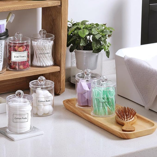 Clear Acrylic Cotton Swab Holder with Lid – 10oz Bathroom Storage Jar for Cotton Buds & Small Essentials