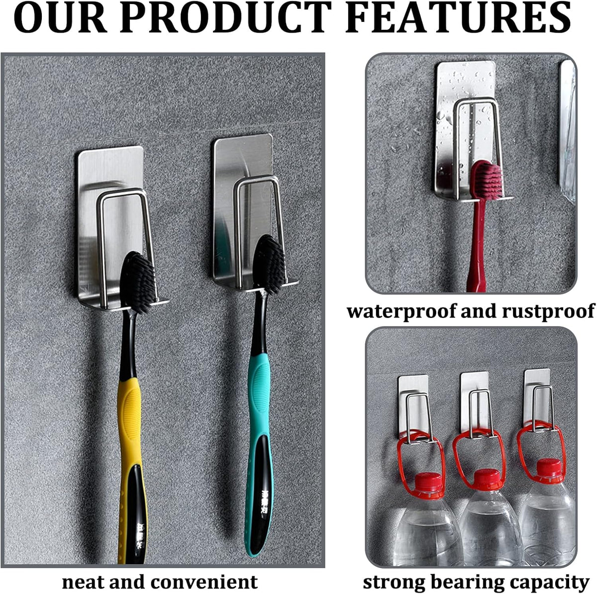 Support mural pour brosses à dents et gobelets en acier inoxydable de qualité supérieure – Organisateur de salle de bain mural robuste sans perforation pour brosses à dents électriques et gobelets – Étagère peu encombrante et antirouille (argent/noir)