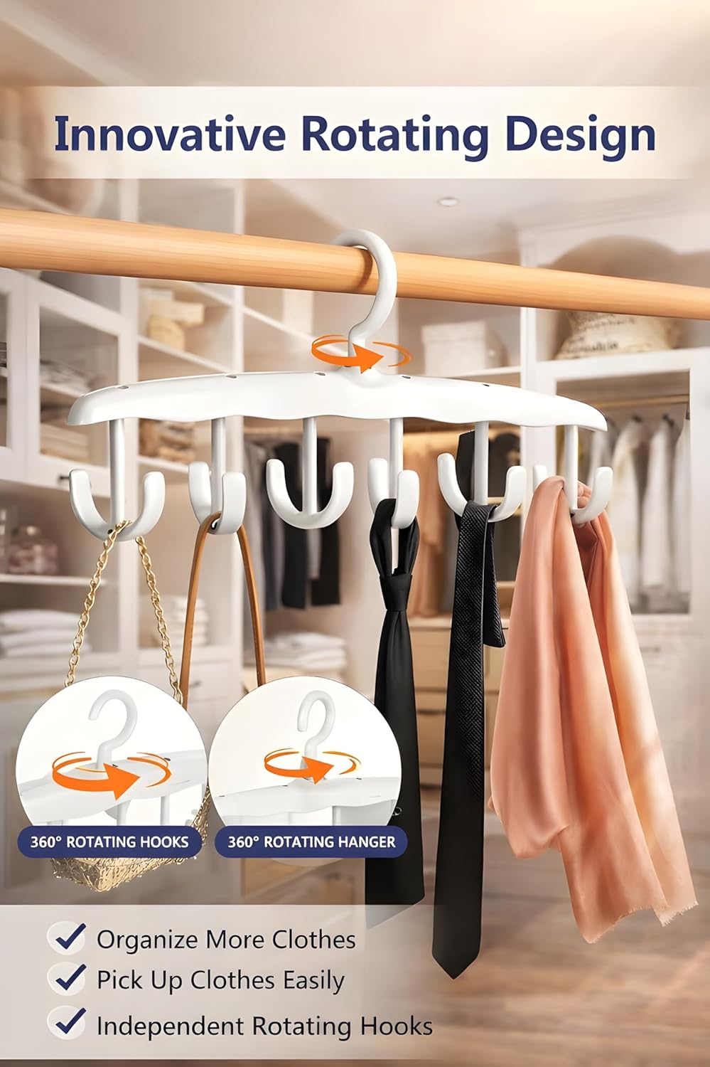 Cintre multifonctionnel pour soutien-gorge – Portant rotatif à 360° pour camisoles, ceintures, chapeaux et sacs (blanc/gris/rose)