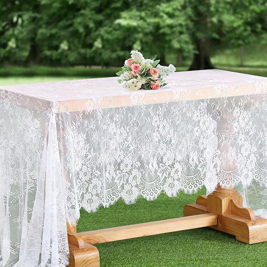 150CM*300CM Rustic White Lace Tablecloth – Vintage Embroidered Boho Wedding Decor – Floral Lace Table Overlay for Receptions, Valentine’s Day, and Shabby Chic Parties