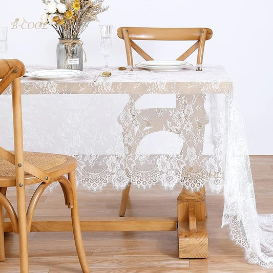 150CM*300CM Rustic White Lace Tablecloth – Vintage Embroidered Boho Wedding Decor – Floral Lace Table Overlay for Receptions, Valentine’s Day, and Shabby Chic Parties