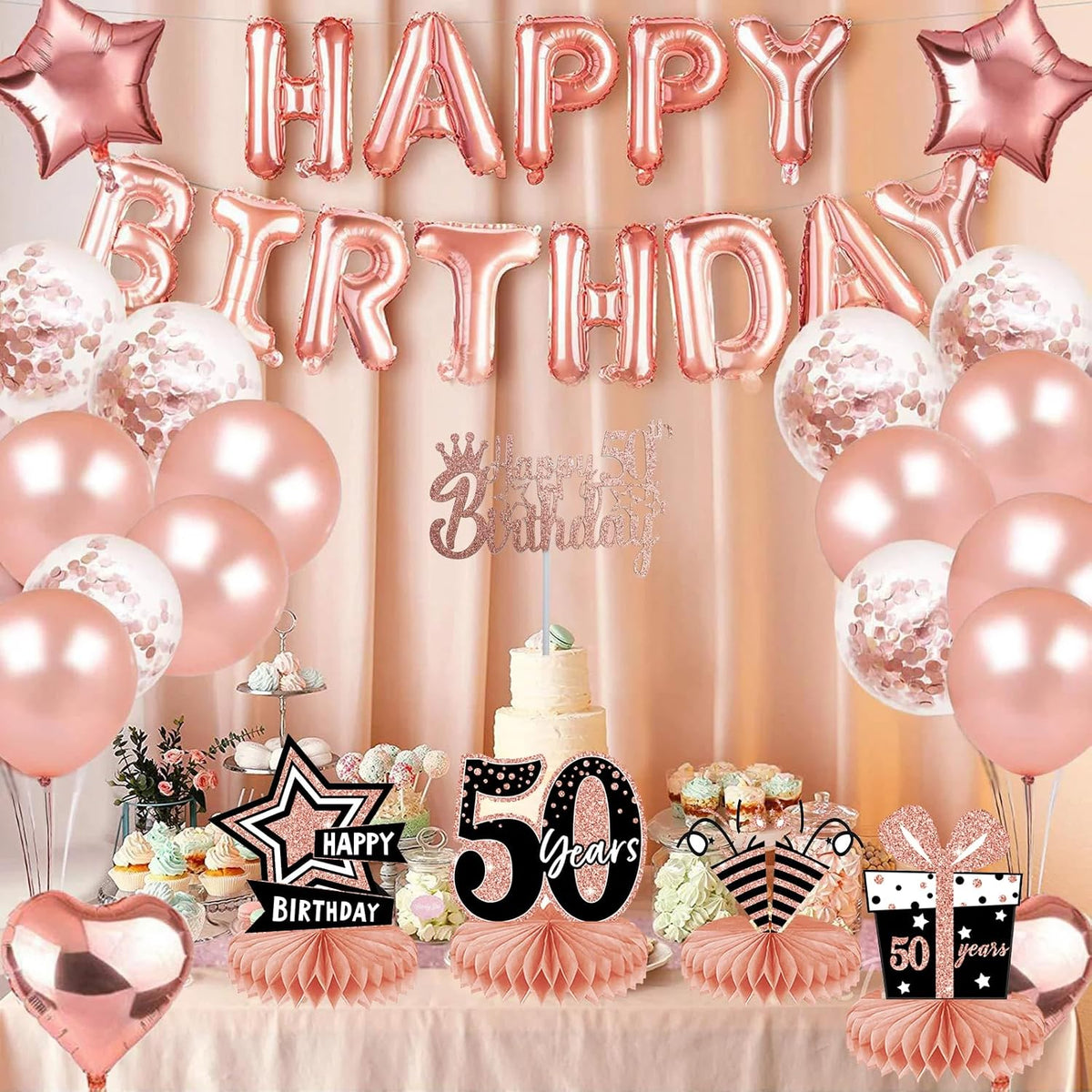 8-Piece 50th Birthday Table Centerpiece Decorations – Rose Gold Glitter Honeycomb Party Décor Set