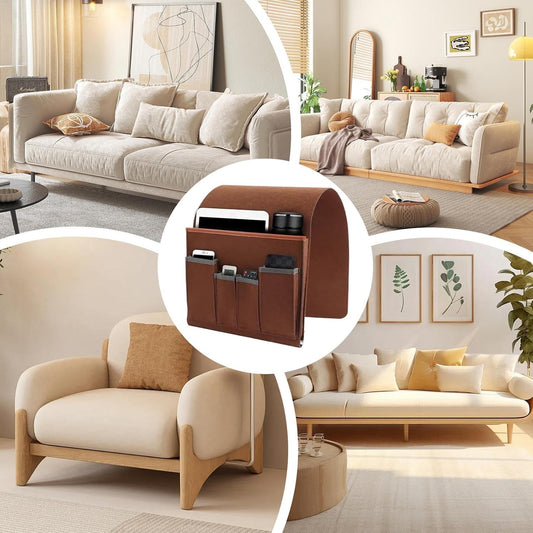 Felt Couch Armchair Caddy – Non-Slip Recliner Armrest Organizer – Hanging Storage Bag for Remotes, Tablets, and Magazines (Brown/Gray)
