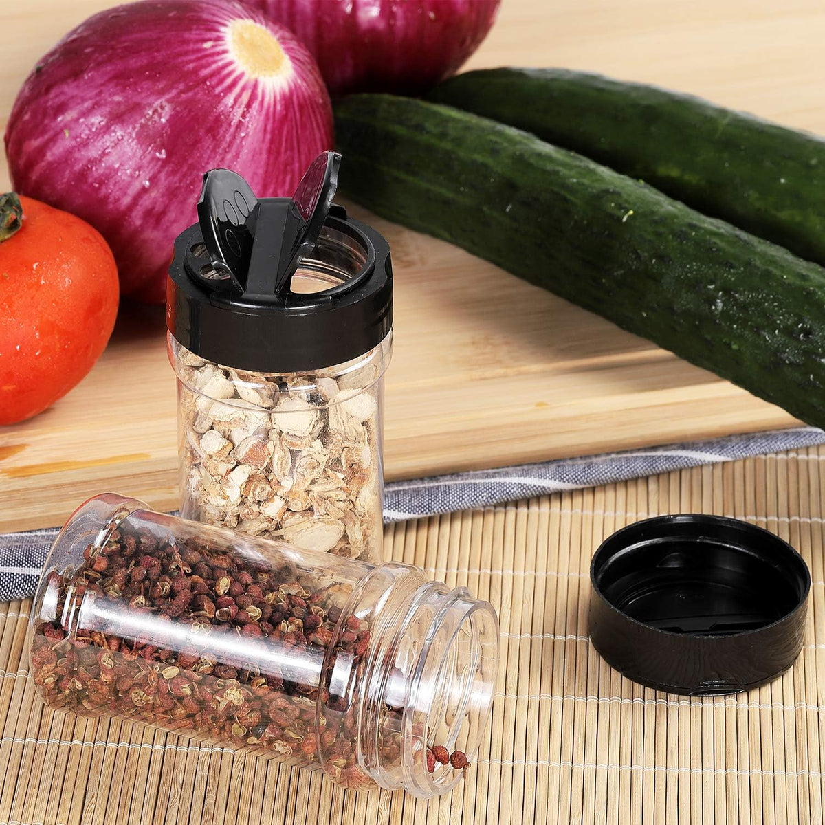 Bocaux à épices en plastique transparent – Récipients hermétiques avec couvercles à saupoudrer pour la cuisine