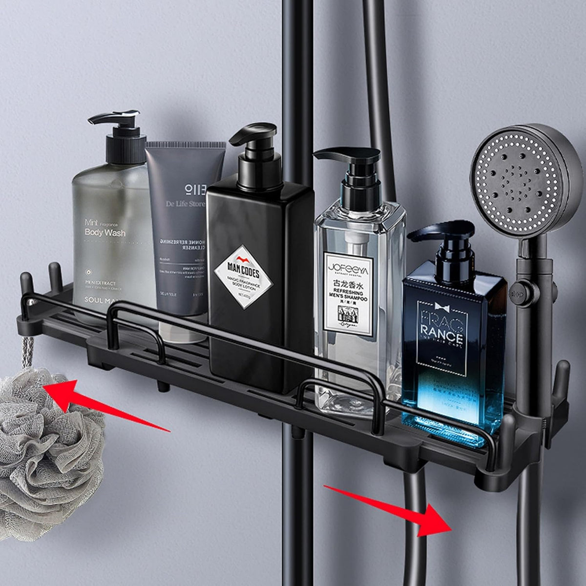 Wall-Mounted Shower Caddy – Over-The-Shower Shelf Organizer – Rustproof Floating Bathroom Hanger for Shampoo, Soap, and Grooming Essentials (Black/White)
