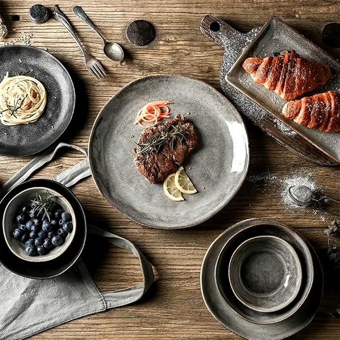 Retro Japanese Style Special-Shaped Ceramic Tableware – Elegant Handmade Aesthetic Dinner Plates & Serving Bowls – High-End Creative Dinnerware for Steak, Salad & Pasta – Unique Table Decor (5"/6.5"/8"/8.5" Bowls, 10" Disk, 11" Plate)