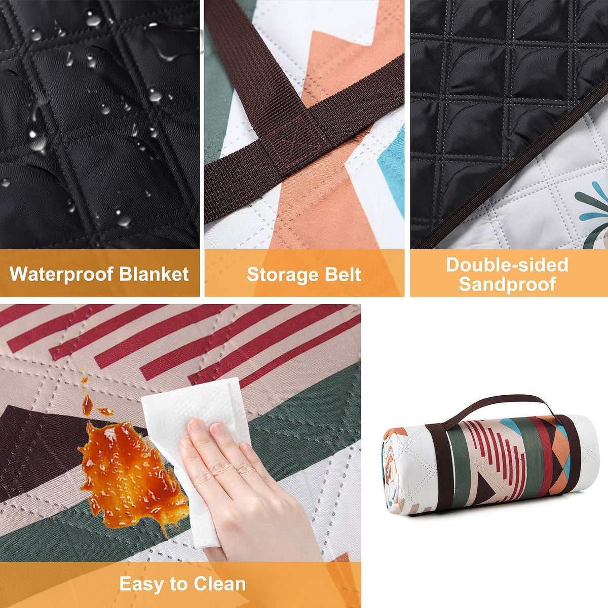 Couverture de pique-nique imperméable extra large 200x200CM – Tapis de plage extérieur pliable avec poignée de transport intégrée – Anti-sable et anti-humidité pour le camping en famille
