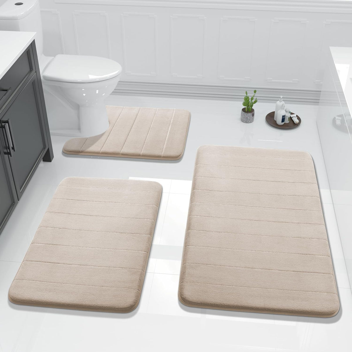 Memory Foam Bath Mat Set – Ultra-Soft & Thick Non-Slip Bathroom Rugs – Quick-Drying Machine-Washable Polyester Mats Including U-Shaped Toilet Rug and Extra-Long Runner
