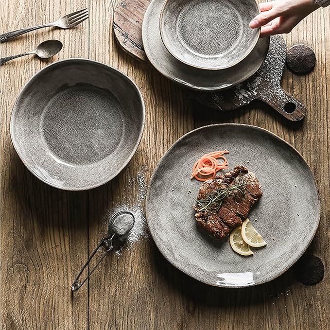 Retro Japanese Style Special-Shaped Ceramic Tableware – Elegant Handmade Aesthetic Dinner Plates & Serving Bowls – High-End Creative Dinnerware for Steak, Salad & Pasta – Unique Table Decor (5"/6.5"/8"/8.5" Bowls, 10" Disk, 11" Plate)