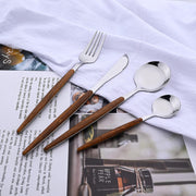 Stainless Steel Cutlery Set – Vintage Imitation Wood Handle – Professional Western Tableware Kit with Steak Knife, Fork, Spoon, and Teaspoon (Mirror Polished)