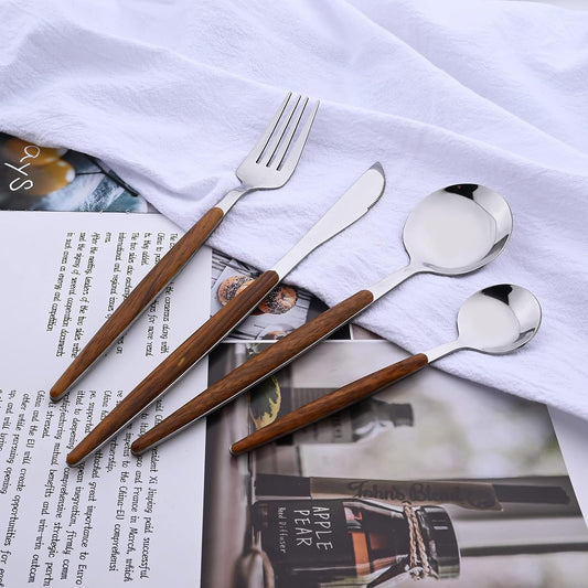Stainless Steel Cutlery Set – Vintage Imitation Wood Handle – Professional Western Tableware Kit with Steak Knife, Fork, Spoon, and Teaspoon (Mirror Polished)