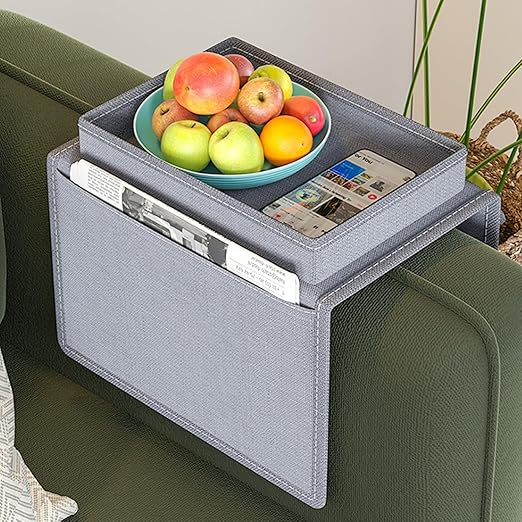 New Oxford Cloth Sofa Armrest Organizer – Multi-Pocket Storage Bag with Integrated Cup Tray – Cellphone, Remote, & Tissue Holder for Couch – Home Decor Accessory (Gray/White)