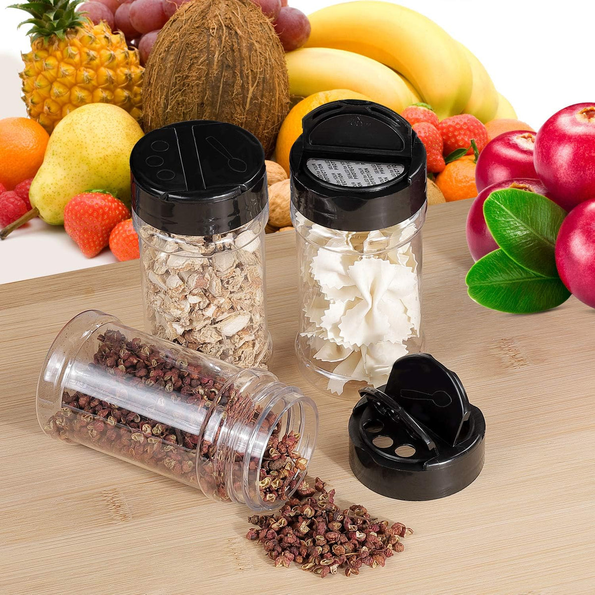 Bocaux à épices en plastique transparent – Récipients hermétiques avec couvercles à saupoudrer pour la cuisine