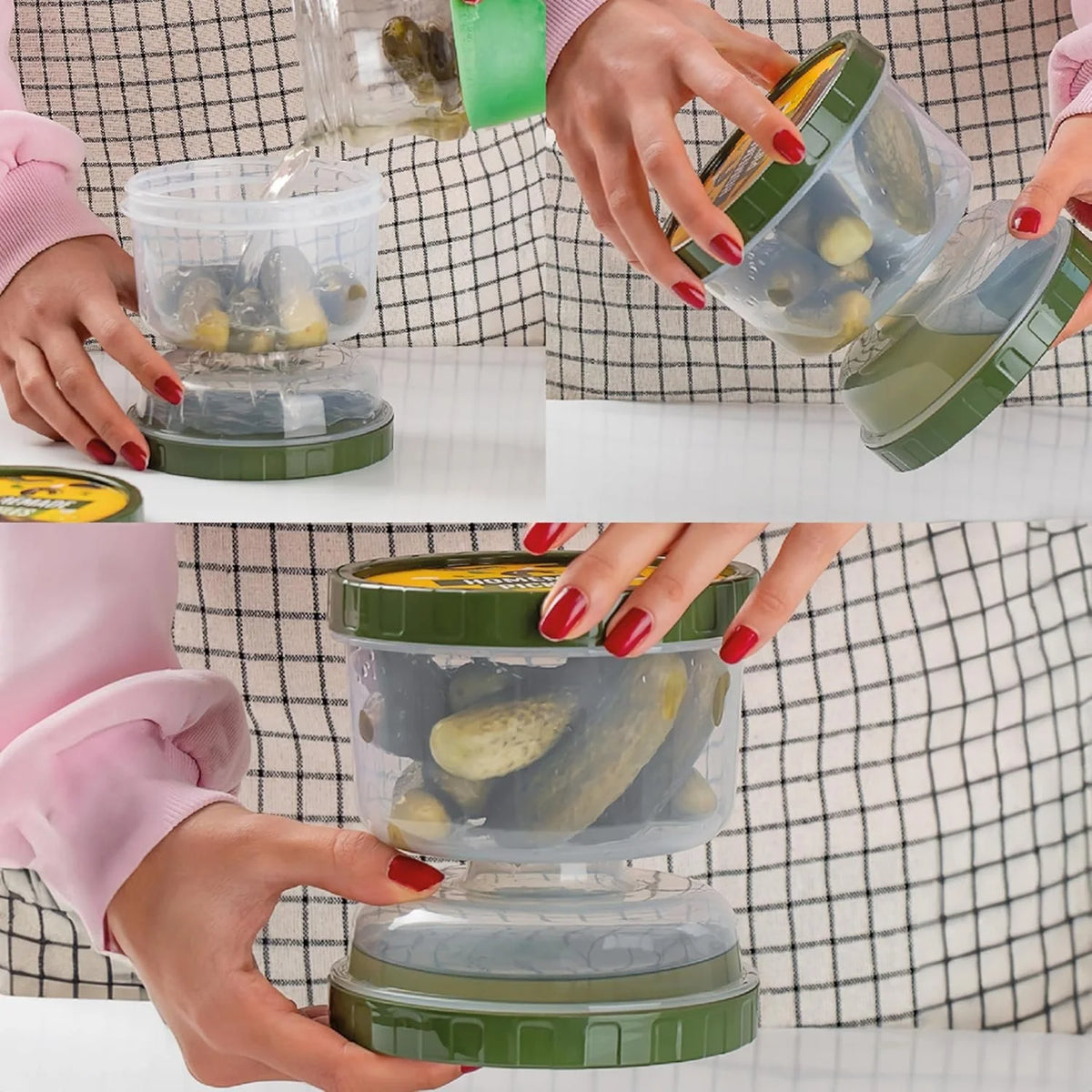 Bocal à cornichons avec couvercle égouttoir rabattable – Récipient de conservation anti-fuite pour olives et cornichons pour réfrigérateur