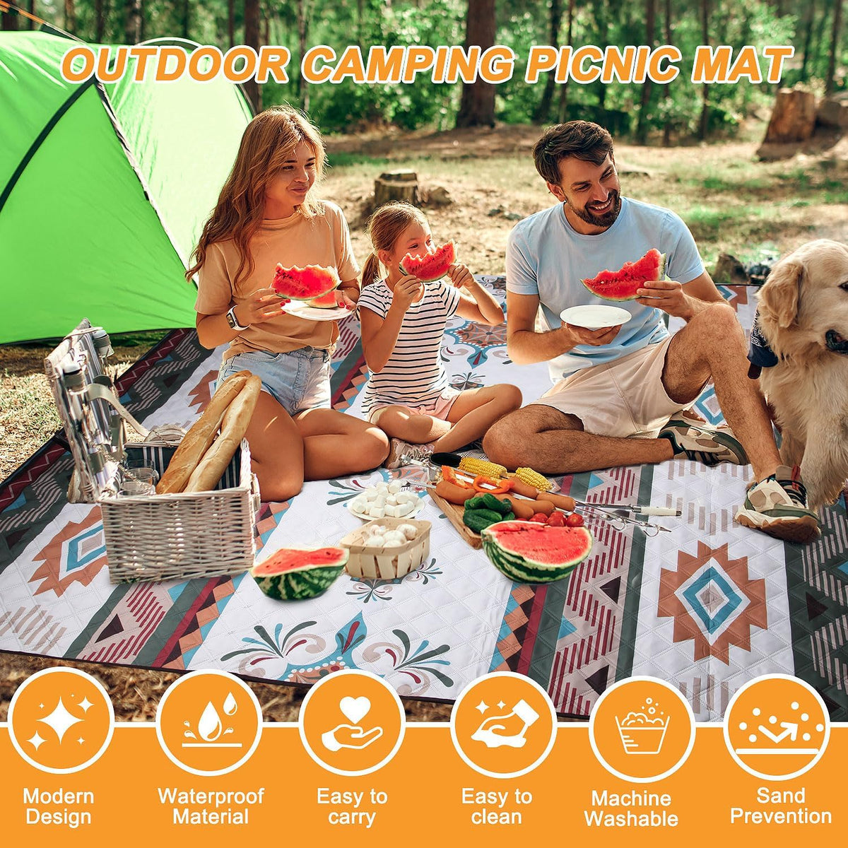 Couverture de pique-nique imperméable extra large 200x200CM – Tapis de plage extérieur pliable avec poignée de transport intégrée – Anti-sable et anti-humidité pour le camping en famille