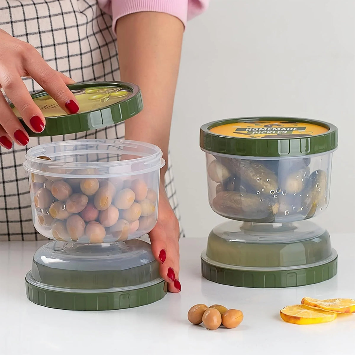 Bocal à cornichons avec couvercle égouttoir rabattable – Récipient de conservation anti-fuite pour olives et cornichons pour réfrigérateur