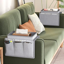 New Oxford Cloth Sofa Armrest Organizer – Multi-Pocket Storage Bag with Integrated Cup Tray – Cellphone, Remote, & Tissue Holder for Couch – Home Decor Accessory (Gray/White)