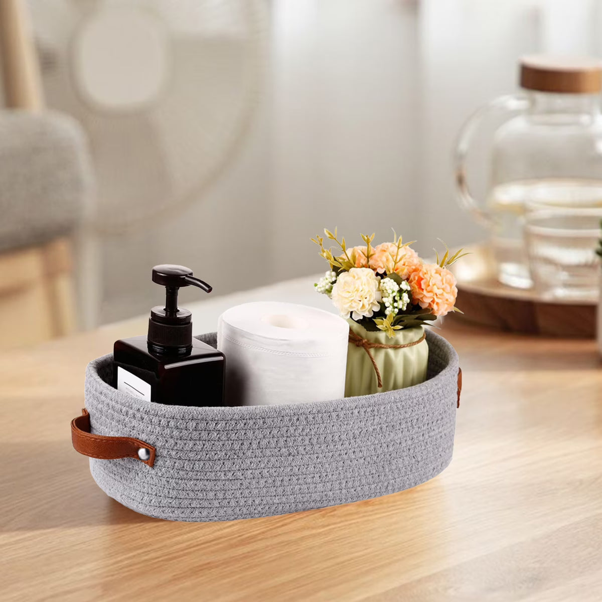 Panier de rangement de salle de bain tissé ovale – Organisateur de bureau multifonctionnel et porte-rouleau de papier toilette – Panier à jouets élégant en corde (blanc/bleu/kaki/gris)