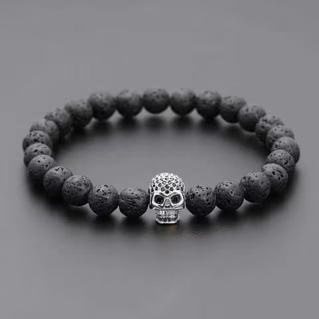 8mm Skull Head Lava Beads Stone Bracelet (EGBT289)