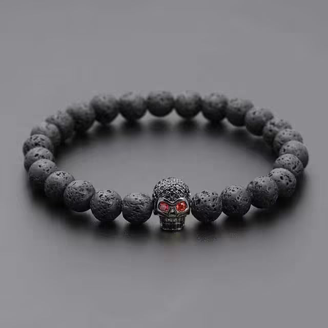 8mm Skull Head Lava Beads Stone Bracelet (EGBT289)