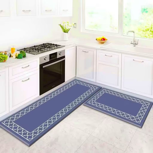 Tapis de cuisine rectangulaire imperméable en PVC bleu, épaisseur 8 mm, couleur bleue (45 x 75 cm + 45 x 120 cm), lot de 2. 